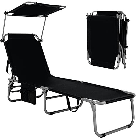 KOMFOTTEU Tumbona Plegable con Respaldo Ajustable en 5 Posiciones, Silla Reclinable de Playa con Toldo Giratorio de 360° y Bolsillo Lateral, Tumbona Portátil con Carga 150 kg (Negro)