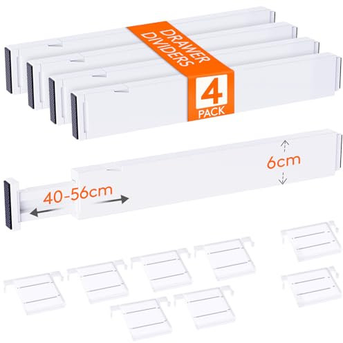 Lifewit 4er-Set Verstellbar Schubladentrenner 6 cm hoch und 40.6-56 cm länge, Schubladen Organizer, Schubladenteiler aus Kunststoff mit 8 Einsätzen für Kleidung, Make-up, Schminktisch, Küche