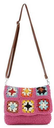 Syrads Bolso de playa de paja bolso de mano de mujer Bolso de hombro de paja de playa de verano casual Bolso bandolera de paja,Rojo rosado