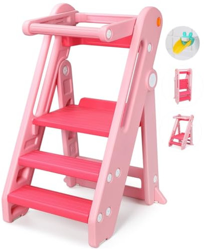Onasti Lernturm für Kinder, Learning Tower Klappbar und höhenverstellbarer, Lernturm ab 1 Jahr, Multifunktional ab 1 Jahr für Küche Tisch Bad, Stylisch Kippschutz (Rosa + Rosenrot)