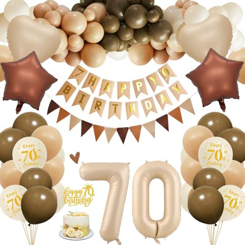 70. Geburtstagdeko Frauen Männer, 70 Jahre Braun Beige Ballon Arch Kit mit Happy Birthday Banner, Cake Topper, Geburtstag Zahlen Luftballon 70, Folienballon, Party Deko für 70 Geburtstag
