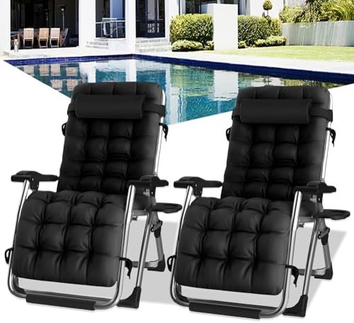 PMFRUG Tumbonas Gravedad Cero, Tumbona de Relax Silla de Jardín Plegable, para Playa, Piscina, Terraza,Camping.Carga Máxima 200kg (B-con Cojín Negro, Set de 2)