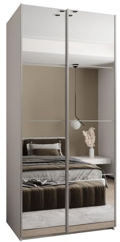 MEBLE KRYSPOL LUX 2 Schrank, 2 Schiebetüren mit Spiegel, geräuschlos schließend - System HETTICH Topline L - für Wohnzimmer, Schlafzimmer - 245,5x110x64cm - Weiß, Weiß, Silber