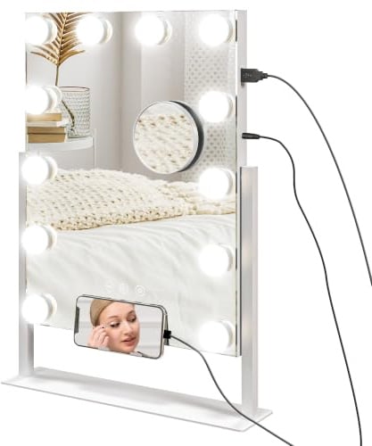 HOMCOM Hollywood Spiegel mit Beleuchtung 30 x 40 cm 360°Drehbar 12 LED | Kosmetikspiegel, 3 Lichtmodi, Handyhalterung, USB-Ladeanschluss, Touchschalter, Schminkspiegel 10X Vergrößerung