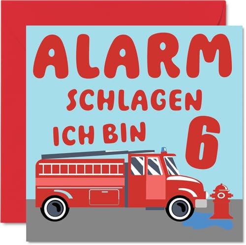 Stuff4 6. Geburtstagskarte Junge Mädchen - Feuerwehrauto - Geburtstagskarten Kinder 6 Jahr Jungen Sohn Tochter Neffe Nichte Enkel Enkelin, 145mm Sechs Sechste Geburtstag Glückwunschkarten