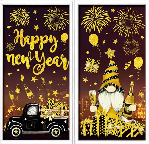 Whaline Fensteraufkleber Happy New Year, goldfarben, Feuerwerk, Zwerg, LKW, Geschenk, wiederverwendbar, für Zuhause, Büro, Klassenzimmer, Party-Dekoration, 6 Bögen