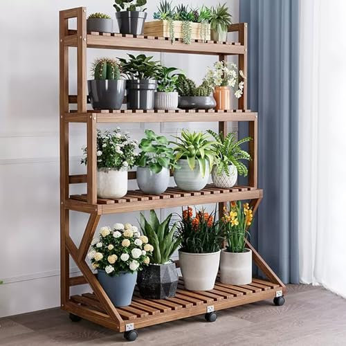 Pflanzenständer aus Holz, Lagerregal mit Rollen, 4 Ebenen, Leiter, Pflanzenregal für Innenbereich, Balkon, Eckblumentopfhalter für Wohnzimmer, gestuftes Pflanzenständerregal mit Rädern, platzsparendes