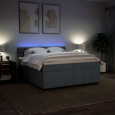 IKAYAA Boxspringbett 200 x 200 cm - Bett mit LED Beleuchtung, Federkern Matratze,Topper & Kopfteil - Polsterbett 200 x 200 cm mit Matratze - Bett mit Matratze und Lattenrost Dunkelgrau