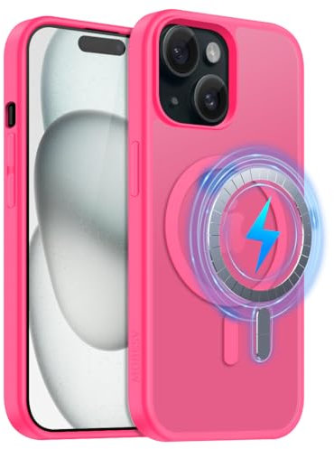 MOBESV Cover Magnetica per iPhone 15 Plus 6,7 Pollici, Custodia Compatibile con MagSafe, Cover Traslucida Opaca Posteriore Sottile Antiurto, Rosa Acceso
