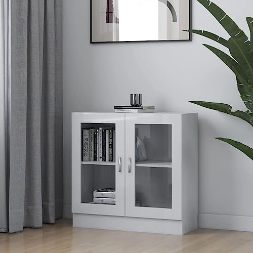 Myheimly Vitrinenschrank mit viel Stauraum, Beistellschrank für Schlafzimmer Wohnzimmer Büro, Büroschrank Schrank, Eichen-Optik Holzwerkstoff Hochglanz-Weiß 82,5x30,5x80 cm Holzwerkstoff