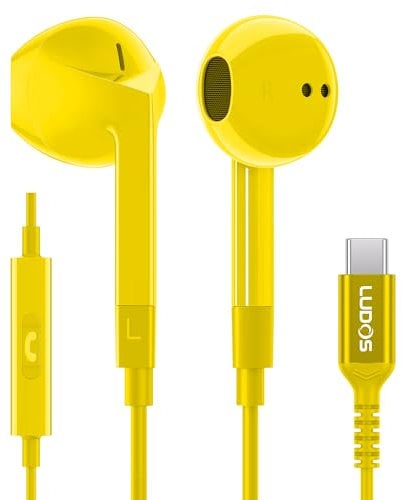 Ludos FEROX Auriculares USB C con Micrófono, Garantía de 5 años, Auriculares Tipo C con Cable para iPhone 16 15 Pro MAX Plus Samsung Galaxy S24 S23 S22 Ultra S21 FE S20 A53 A54, iPad Pro - Amarillo