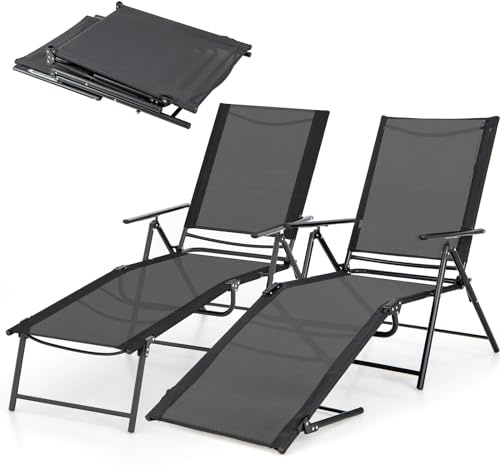 GIANTEX Lot de 2 Transats Jardin Extérieur, Chaises Longues Pliables avec Dossier et Repose-Pieds Réglables, Transats Pliables, Charge 150 KG, Bain de Soleil pour Jardin, Piscine, Patio (Noir)