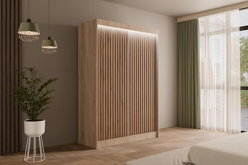 ALTDECOR Kleiderschrank mit Lamel-Schiebetüren, Führungsschienen und Aluminium- Leisten, LED-Beleuchtung und Fernbedienung - VILANv2-120 cm Sonoma Eiche + Sonoma Eiche + Lamelle Eiche Wotan