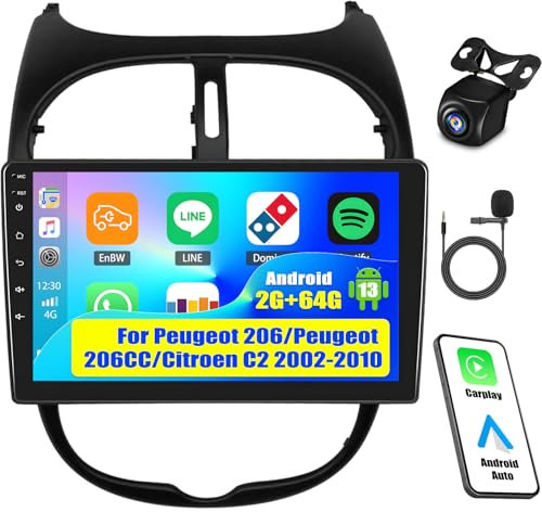 OiLiehu 2G+64G Android 13 2 DIN Carplay Android Auto Autoradio para Peugeot 206/Peugeot 206CC/Citroen C2 2002-2010 Pantalla Radio Coche 9 Pulgadas con EQ/Bluetooth/SWC/FM RDS/WiFi/GPS