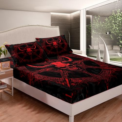 Loussiesd Ziegenkopf Spannbettlaken 140x200cm Gothic Art Spannbetttuch für Kinder Mädchen Jungs Mysterious Hippie Dekor Bettlaken Set Zimmer Dekor Bettlaken