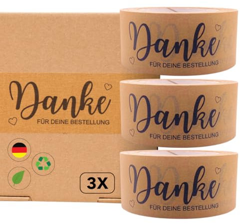 3er Set Paketklebeband mit Text - 50m x 50mm | Umweltfreundliches Verpackungsband für Unternehmen | Geräuscharmes Klebeband | Bedrucktes und geräuscharmes Verpackungsband | Stark haftend (Danke)