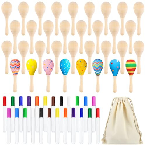 Morcheiong Lot de 38 Maracas en Bois pour Enfants, décorations pour fêtes mexicaines du Cinco de Mayo, avec 24 stylos Multicolores et 1 Sac de Rangement à Cordon