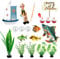 Fishing Cake Topper with Rod Float Seaweed Boat Fish for Fisherman Themed Decoration and Retirement Party Supplies