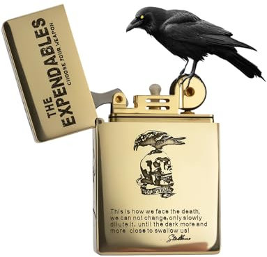 Encendedor de Querosenio de Latón Dorado Grabado New Thorens The Expendables, Estilo Vintage con Seguro, Mechero Artesanal, Regalo y Coleccionable Único