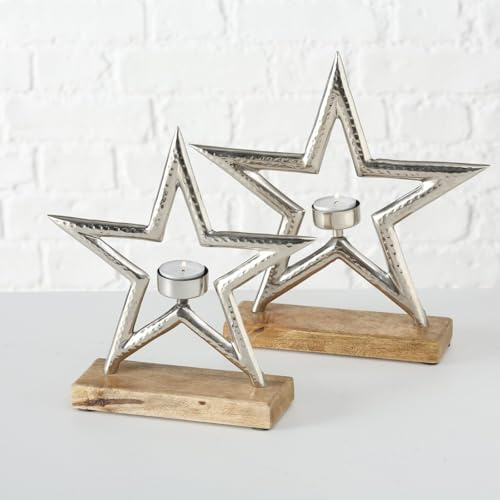 mucHome Stern Teelichthalter Set 2 Stück Aluminium auf Mangoholz-Basis Silber Kerzenlicht Kerzenhalter Weihnachtsdekoration Dekoration