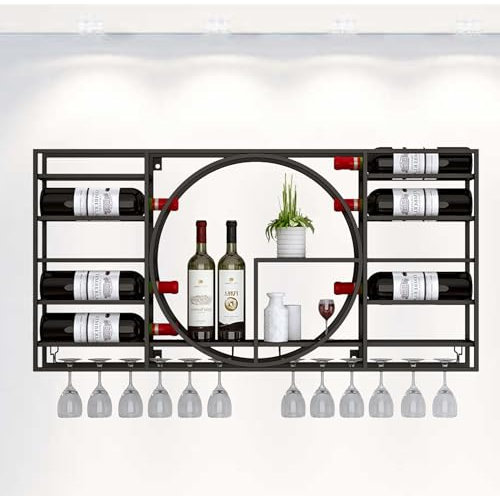 Wall Mounted Bar Shelves with Wine Rack and Hanging Glass Holder Corner Coffee Bar Cabinet with Liquor Shelf for Wine Bottles and Glasses Display