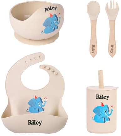 TYRY.HU Coffret Repas Nom Personnalisé Bebe,Enfant Silicone Set Couverts Vaisselle pour Sevrage Manger Apprentissage,Set Vaisselle Repas Bébé,Cadeau Coffret Repas Bébés