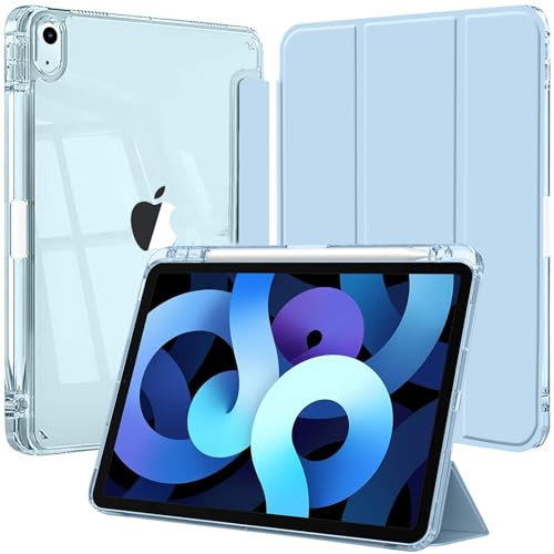 Coque pour iPad Air 11 Pouces M3/M2 (2025/2024), iPad Air 5eme/4eme Génération 10,9 Pouces 2022/2020 avec Porte Pencil, Étui Arrière Transparent Support Antichoc Tablette, Bleu Clair