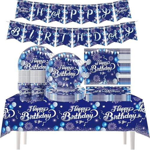 62 piezas de vajilla de fiesta con tema de diamantes azul tinta, vajilla de cumpleaños de diamantes premium, decoraciones de fiesta, artículos de cumpleaños, para 20 personas