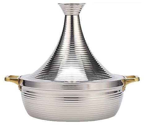 WYBZDA Edelstahl 304 Tajine Topf, Antihaft Langsamkocher Meeresfrüchte Tagine Marokko Mit 2 Griffen Und Verbrühungsschutz Silikon Handschuhe for Kochen(Silver,24cm)
