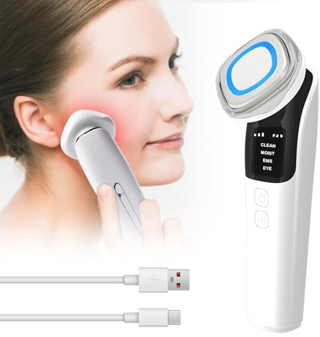 Face Massager, Gesichtsmassagegerät Gegen Falten, Radiofrequenz Gerät Gesicht, 4 In 1 Ems Anti Gegen Falten, 2 Modi, Blau Und Rotlichtlampe Gesicht Mit LED Anzeige Für Hautstraffung Geschmeidigkeit