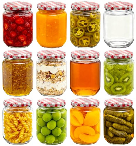 LIMILI 380 ml Marmeladengläser aus Glas mit Deckel, 12 Stück, klassische Zylinder, leere Einmachgläser, wiederverwendbare & recycelbare Flaschen für selbstgemachte Marmelade, Chutney, Kerzen, DIY