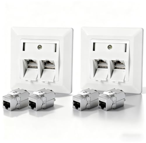 2x Netzwerkdose Unterputz CAT 7 mit 4 x CAT 7 Keystone Rj45 Modul, Lan Ethernet Dose Aufputz Buchse Einbaubuchse 10 Gbit/s, Weiß