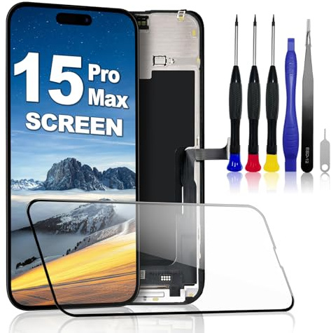 PartageFix Pantalla para iPhone 15 Pro MAX:Kit de Repuesto para Pantalla LCD FHD de 6,7 + digitalizador táctil + Marco,Compatible con los Modelos A2651/A2893/A2896/A2895/A2894 (True Tone programable)
