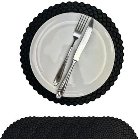 Stone & Thyme Black Silicone Placemats Set of 6 – 29 x 29cm. Waterproof & Non-Slip Dining Table Mats, Heat Resistant, Easy-Clean Reusable Food-Grade Silicone Placemats for Family Meals.