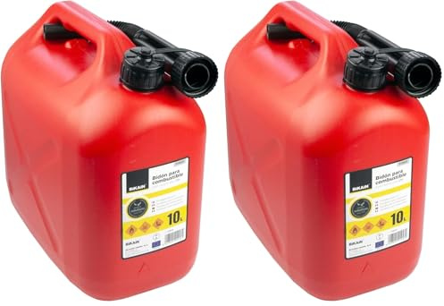 Bikain - Jerrican Essence - 10 Litres - Bidon en Polyéthylène - Norme UN Pour Transport de Matières Dangereuses - Résistant aux Additifs de Carburant - Avec Tuyau - Modèle B10ECO (Lot de 2)