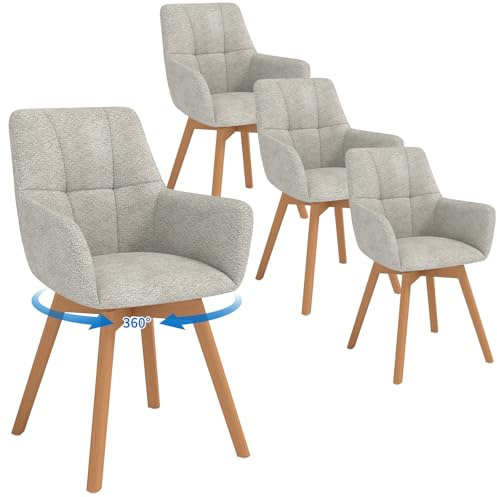 LEWE Esszimmerstühle Drehbar 4er Set mit Armlehne und Holzbeinen, 360°Drehstuhl, Polsterstuhl mit Ergonomische Stoffrückenlehne, für Esszimmer, Küche, Wohnzimmer, Schlafzimmer, Grau
