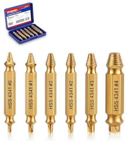 WORKPRO Juego de 6 Extractores de Tornillos Dañados Revestidos de Titanio, Removedores de Pernos Rotos para Tornillos de 2–13 mm con Estuche de Almacenaje