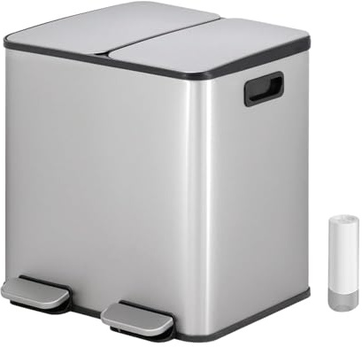 Vidacharmy Mülleimer Küche, 2 x 15 L, Mülltrennsystem 2 Fächer, Doppel-Mülleimer aus Edelstahl, Anti-Fingerabdruck, mit Soft-Close-Deckel und Pedal, inklusive 20 Müllbeutel, separate Fächer