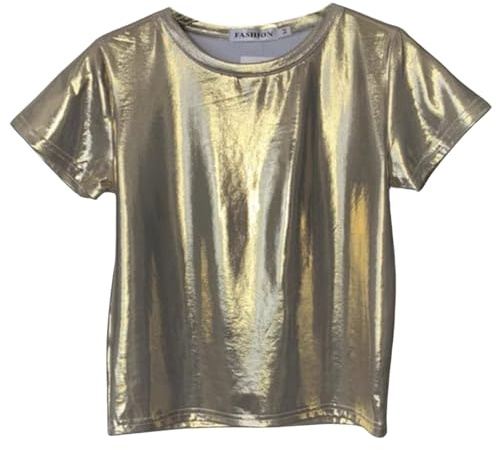 Metallic Oberteil Damen Silber Shirt Glänzend Karneval Kostüm Pailletten Top Disco Tshirt Retro Fasching Party Silvester Hochzeit Glitzeroberteil Holografisches T-Shirt Alien Kostüm