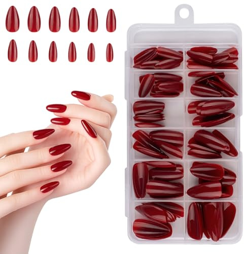 120 Pcs Medium Red Nude Almond ABS Acrylic Press On Nails Lightweight Flexible Fit Salon-Quality Soft Gel Finish DIY Manicure Long Lasting Secure Wear For Women Clear Storage (Red)