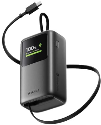 sharge 45W Fast Charging Power Bank, 10000mAh External Battery with Built-in Retractable USB-C Cable, Smart Screen and 45W Fast Charging for iPhone 17/16, iPad and MacBook Air