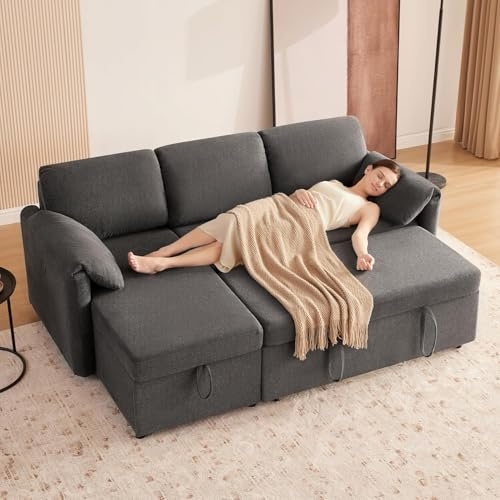 Kingfun 203cm 3-Sitzer Ecksofa mit Schlaffunktion & Bettkasten, Ausziehbares L-Form Schlafsofa mit USB & Stauraum, Kleines Sofa Bett für Wohnung und Wohnzimmer