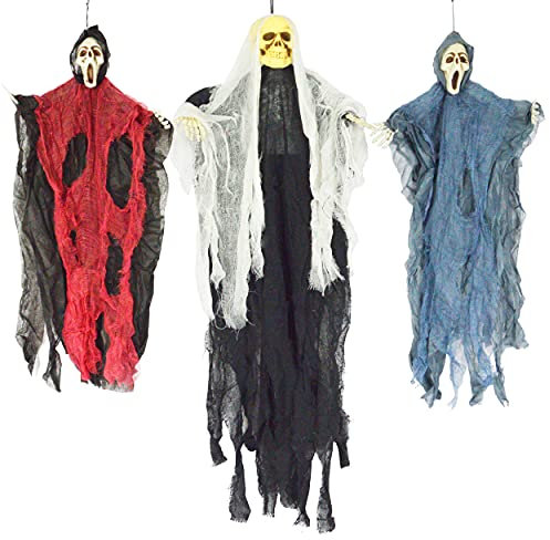 JOYIN 3 Stück hängenden Skelett Gespenst Halloween Dekorationen (ein 89cm Skelett Geister und zwei 63cm Grim Reaper)