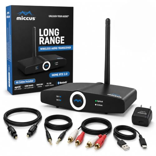 Miccus Proven 100M Long Range Bluetooth Transmitter Receiver for TV PC Stereo, Connect Speaker or Headphones, aptX Low Latency Wireless Adapter, No Audio Delay, USB Optical AUX 3.5mm RCA -Home RTX 2