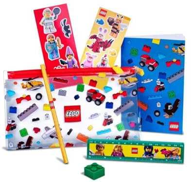 LEGO Schreibwaren-Set mit Markenartikeln, bereit für einige Schularbeiten, einschließlich Federmäppchen, Notizbuch, Aufkleber, Bleistift, Lineal und Radiergummi.