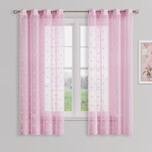 Beauoop Pinker Voile-Chiffon-Vorhang, Bestickt mit Bommeln, Kinder-Fenstervorhänge, Elegante Fensterdekoration für Wohnzimmer, Schlafzimmer, Mädchenzimmer, 2 Stück, 137,2 x 160 cm, Rosa