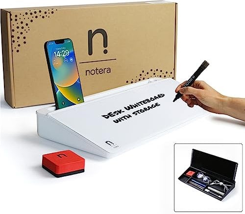 Notera Wedge Desktop Whiteboard & Desk Tidy Organiser - All-in-One Glass Whiteboard & Home Office Accessory Storage (White, 40cm)