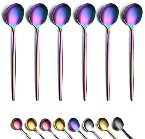 Rainbow Coffee Spoons Set of 6, Kyraton Stainless Steel 13.5cm Colorful Titainium Plating Demitasse Spoons, Tiny Mutil-Color Espresso Spoons, Small Mini Coffee Spoons, Dishwasher Safe