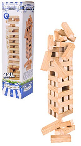 Holz Wackelturm in XXL Ausführung - 60 Steine mit jeweils 12 x 4 cm - Holz Stapelspiel Geschicklichkeitsspiel Kinder Spiel für Innen & Außen