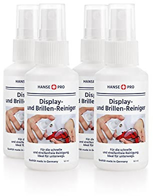 HANSE PRO Brillen-Reiniger, 4 x 50 ml I Brillen-Pflege I Reinigungs-Spray I schnelle und streifenfreie Reinigung von Brillen und Display-Oberflächen I ideal für unterwegs